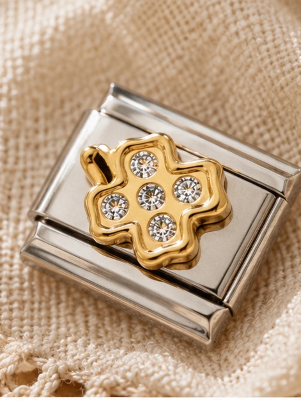Lucky Clover Gold Crystal Italian Charm Link 9mm Stainless Steel